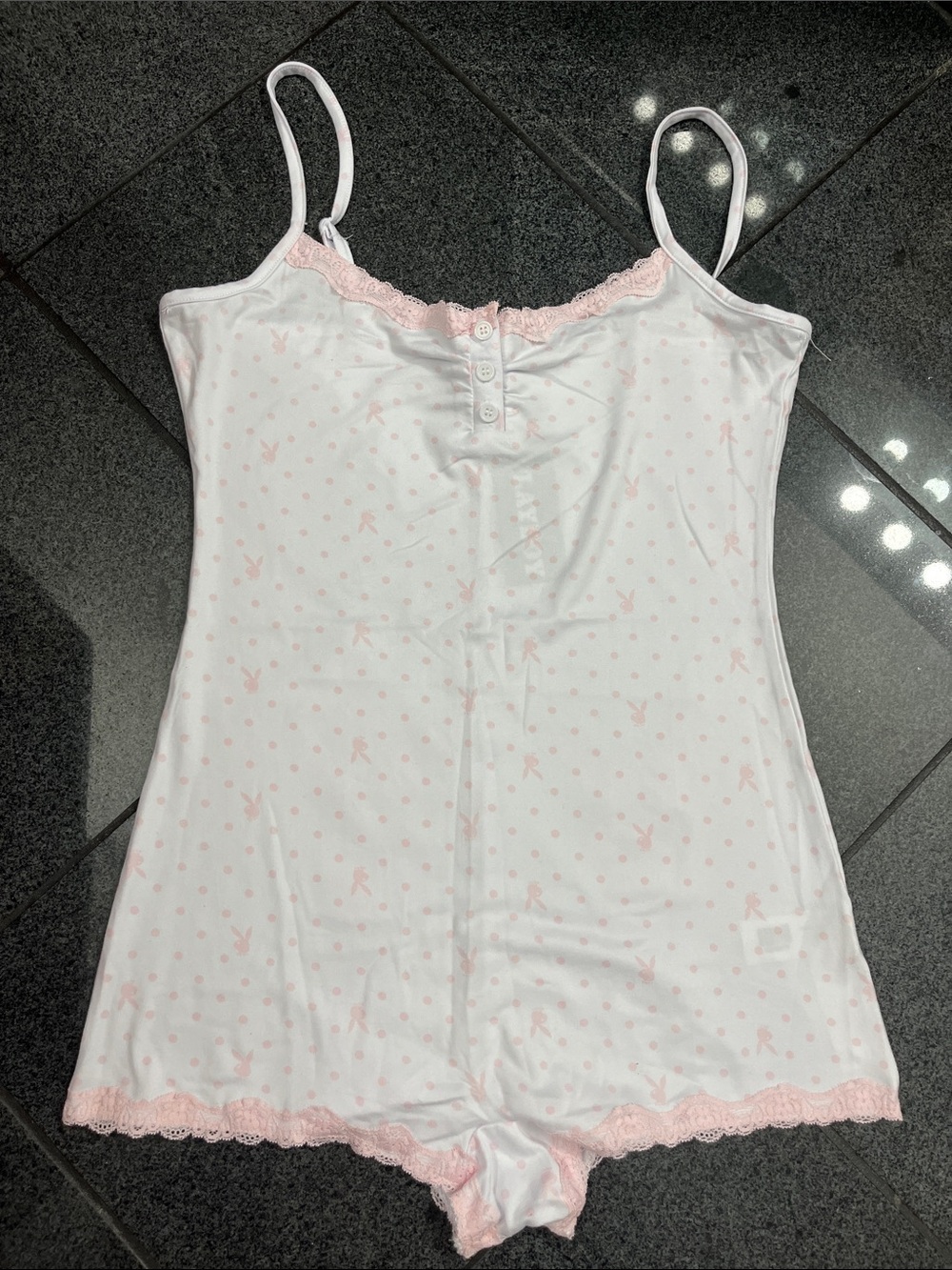 PLAYBOY Light Pink Polka Dot Lace-Trim Sleep Romper